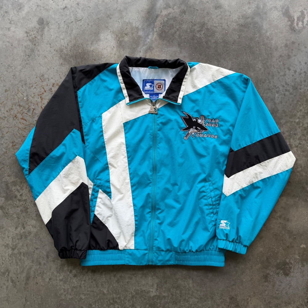 Vintage Starter San Jose Sharks NHL Windbreaker Jacket Teal Black Mens Medium